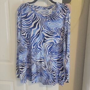 blue sol Sz1X Vibrant Blue Zebra Print Long Sleeve Scoop neck relaxed fit Top